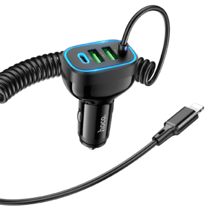 Hoco NZ11A 3-Port Car Charger (30W) – Black with Lightning Cable