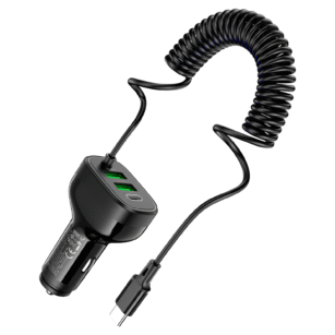 Hoco NZ11A Car Charger – 3 Port (30W) with Type-C Cable – Black