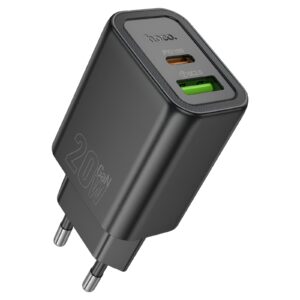 Hoco N61 Gentle 20W PD + QC3.0 Fast Charger – USB-C & USB-A Ports – Black (EU Plug)